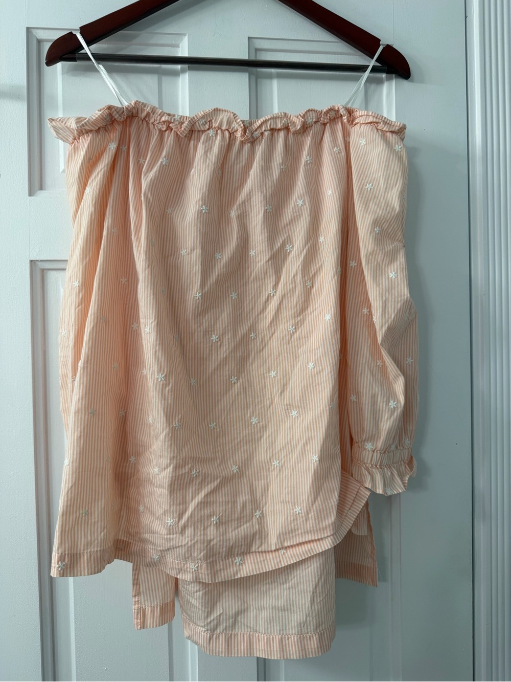 Elle Peach Striped Off-Shoulder Blouse with White Embroidery